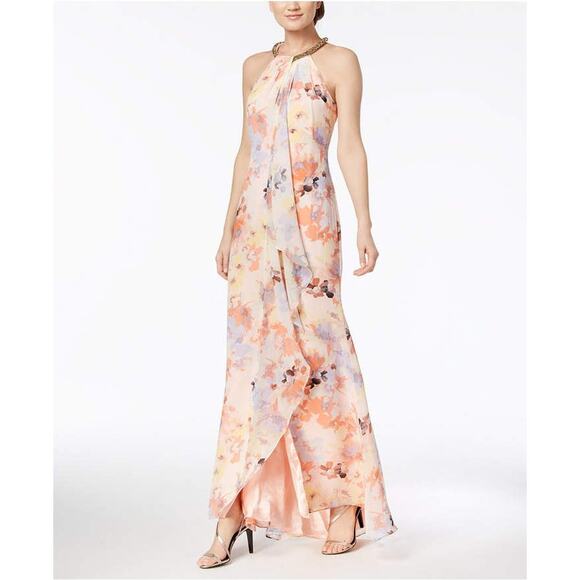 Calvin Klein Dresses & Skirts - Calvin Klein Chiffon Floral Print Beaded Halter Draped Maxi Dress Pink Size 12